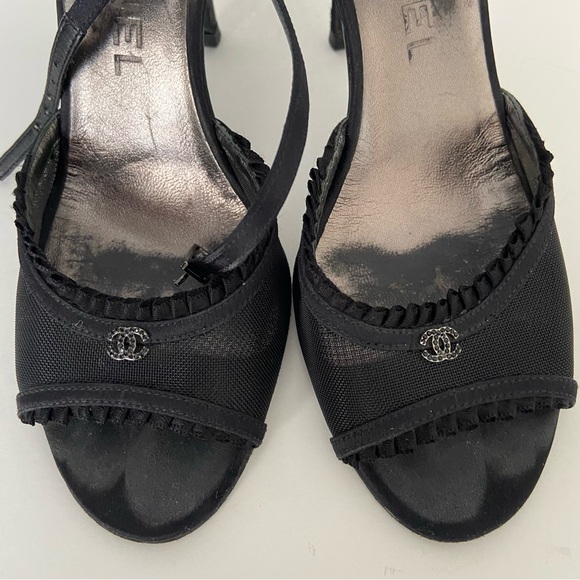 Chanel Black Mesh And Satin CC Open Toe Ankle Strap Heeled Sandals - Picture 2 of 16